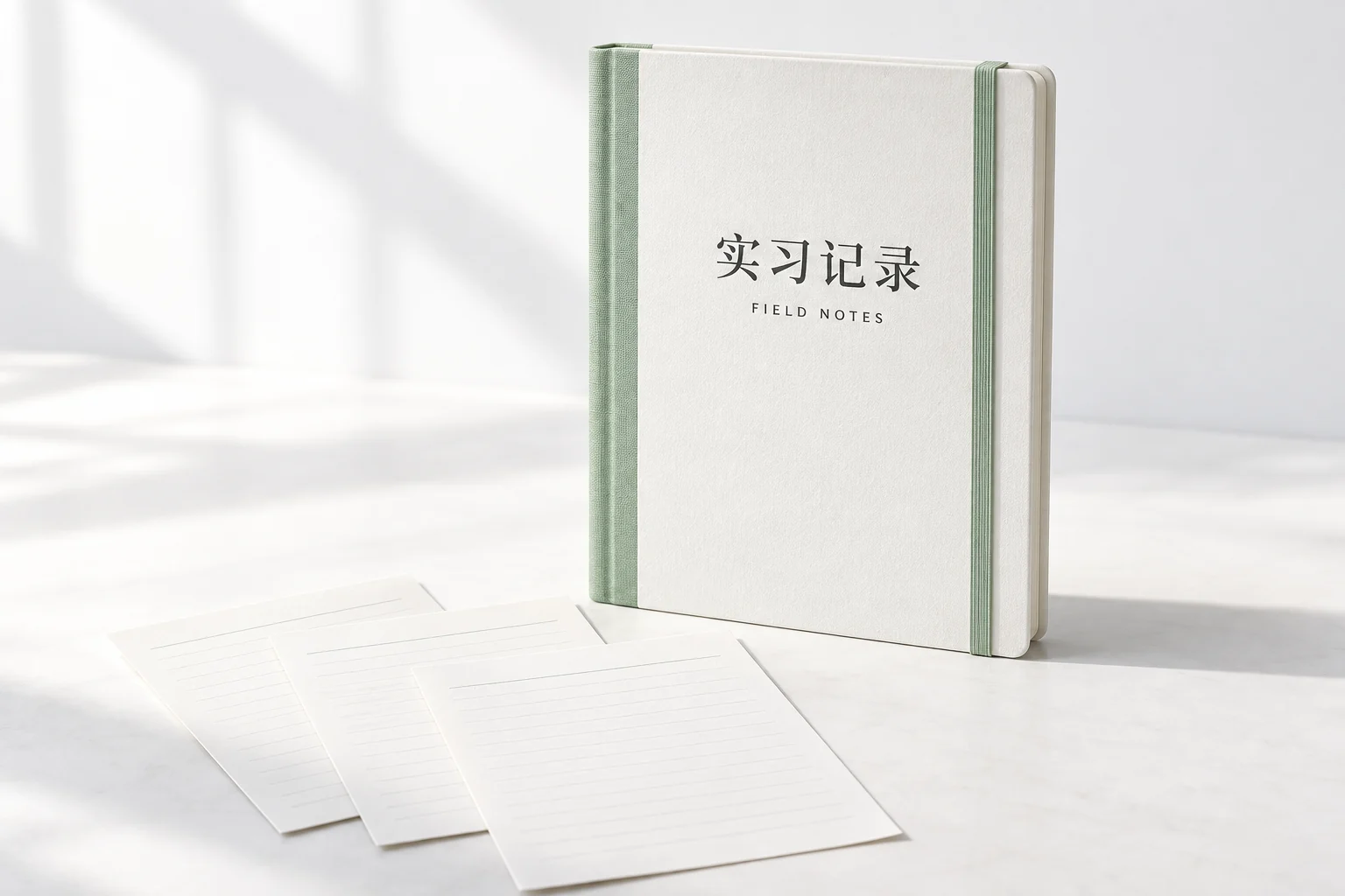 薄荷绿色书脊的实习记录册与整理好的归档纸张